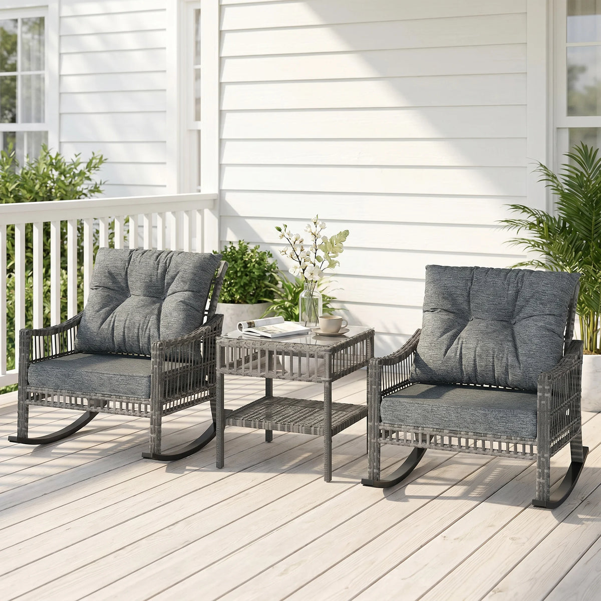 3 Pieces Pe Rattan Rocking Chair Set for Outdoor, Grey