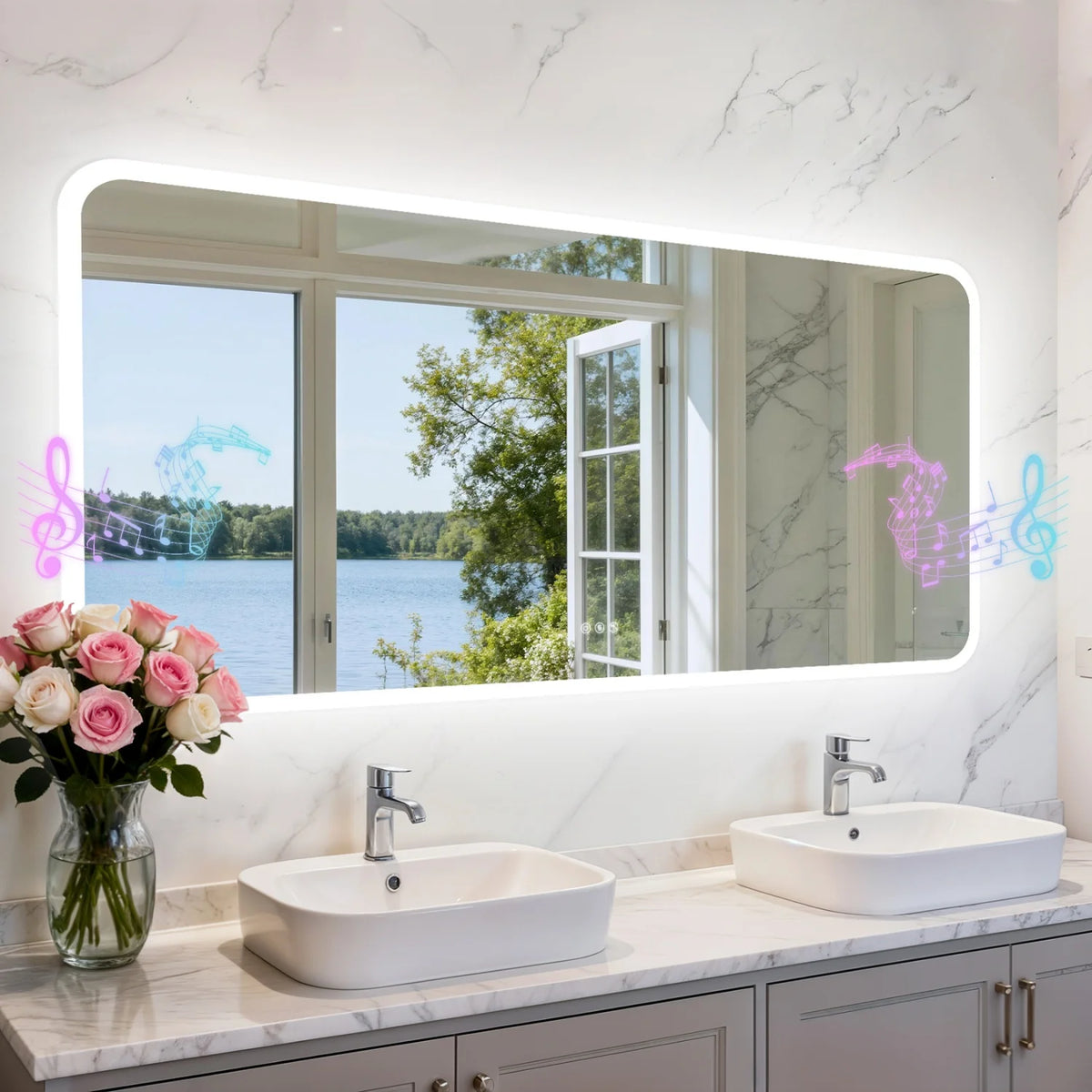 31/35/40/48/63'' Rectangle LED Bathroom Mirror Bluetooth Speaker Anti-Fog Backlight Vanity Mirror Waterproof Dimmable 3 Colors
