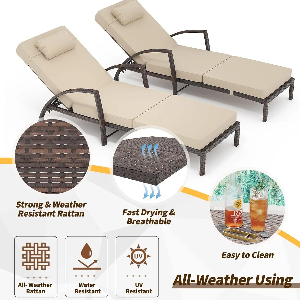 Outdoor PE Wicker Chaise Lounge Chair Set of 2, Patio 5-Position Adjustable Reclining Chairs with Wheels, Thick, Customized