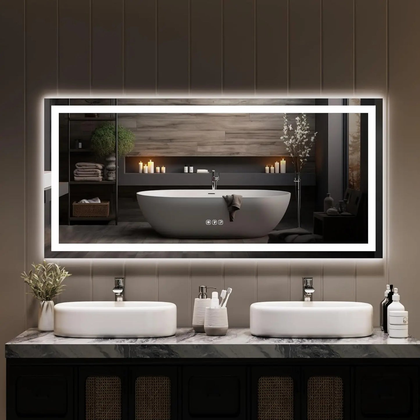 LED Bathroom Mirror with Memory, Stepless Dimmable/Anti-Fog/Shatter-Proof/Front&Backlit, Lighted Vanity Mirror, Wall Mount