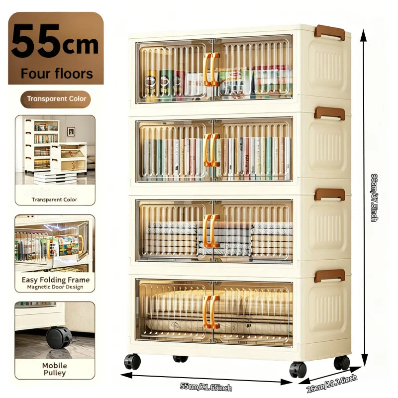 5-tier foldable stackable plastic storage cabinet, no assembly needed, with magnetic vertical transparent double doors and brown handles, foldable rolling storage box, 58cm wide, with universal wheels, perfect for organizing