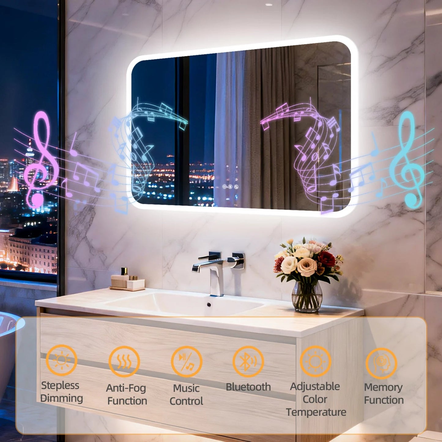 31/35/40/48/63'' Rectangle LED Bathroom Mirror Bluetooth Speaker Anti-Fog Backlight Vanity Mirror Waterproof Dimmable 3 Colors