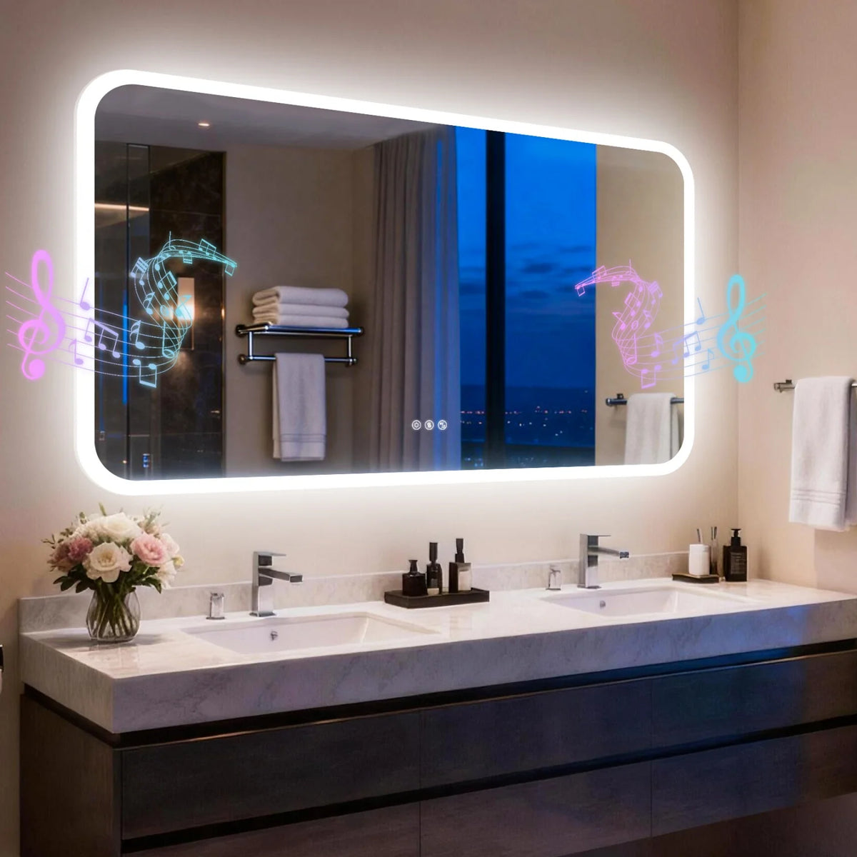 31/35/40/48/63'' Rectangle LED Bathroom Mirror Bluetooth Speaker Anti-Fog Backlight Vanity Mirror Waterproof Dimmable 3 Colors