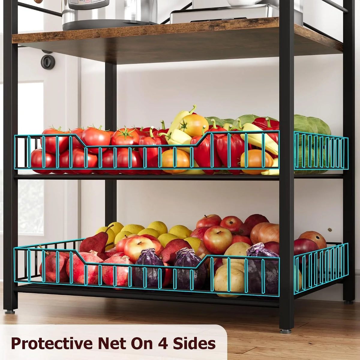 5 Tier Kitchen Bakers Rack with Microwave Stand Coffee Bar Station Freestanding Storage Shelf with Wire Baskets Hooks Industrial Style Organizer for Kitchen Apartment Pantry