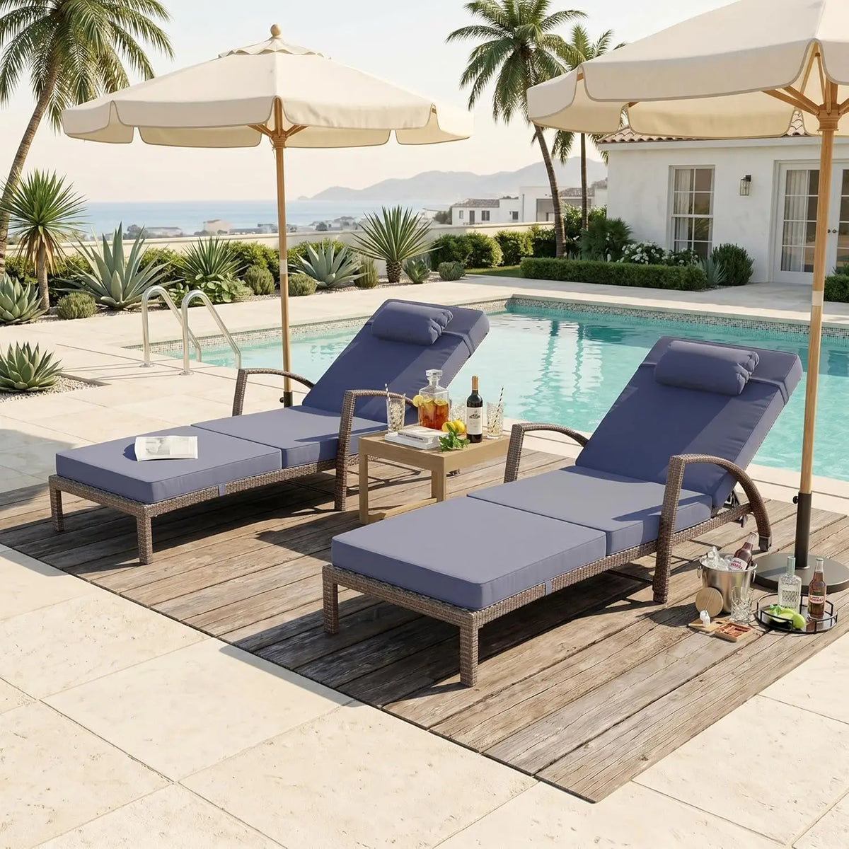 Outdoor PE Wicker Chaise Lounge Chair Set of 2, Patio 5-Position Adjustable Reclining Chairs with Wheels, Thick, Customized