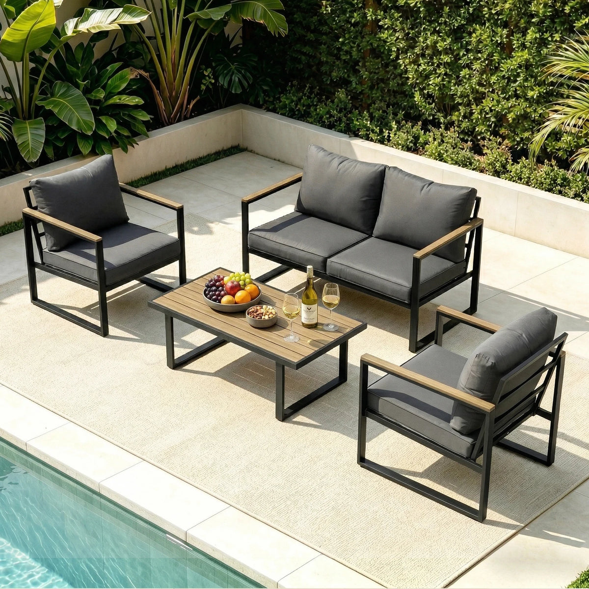 Cozy Backyard Outdoor Seating Group, Sturdy Metal Frame Patio Furniture With Plush Cushions, Loveseat, 2 Armchairs And Faux‑Wood Coffee Table, Customizable Layout Conversation Furniture, 4‑Pieces For Terrace, Yard, Garden