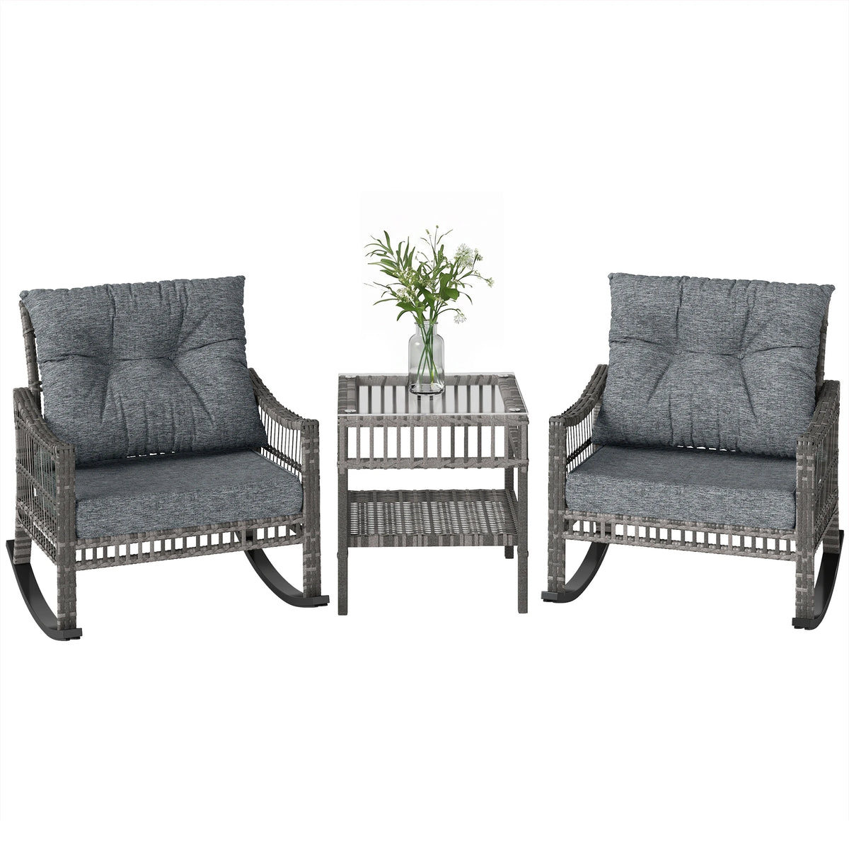 3 Pieces Pe Rattan Rocking Chair Set for Outdoor, Grey
