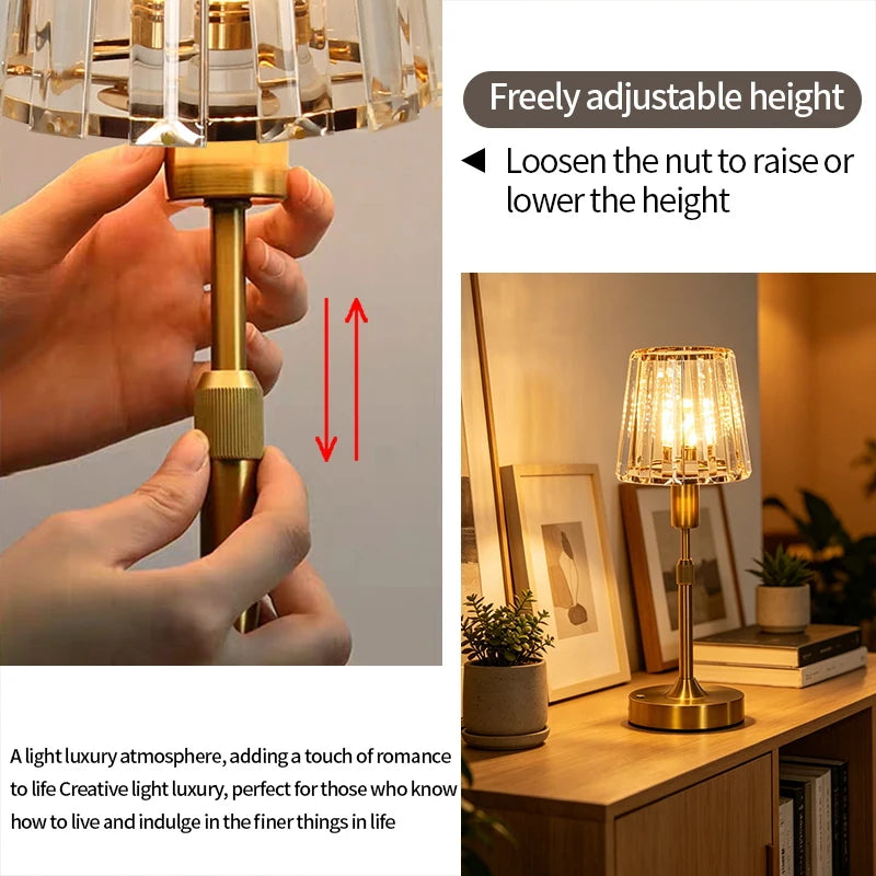 Adjustable Height Rechargeable Crystal Table Lamp 3 Color Touch USB Charge Iron Desk Lamp Night Light Bedroom Living Dining Lamp
