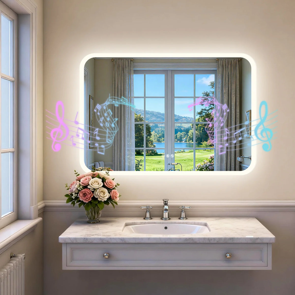 31/35/40/48/63'' Rectangle LED Bathroom Mirror Bluetooth Speaker Anti-Fog Backlight Vanity Mirror Waterproof Dimmable 3 Colors