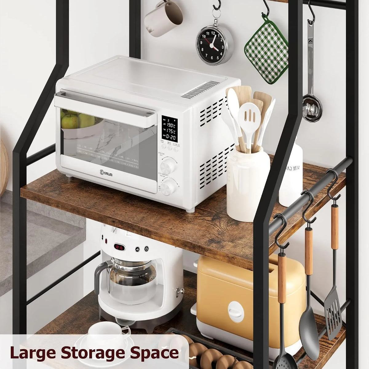 5 Tier Kitchen Bakers Rack with Microwave Stand Coffee Bar Station Freestanding Storage Shelf with Wire Baskets Hooks Industrial Style Organizer for Kitchen Apartment Pantry