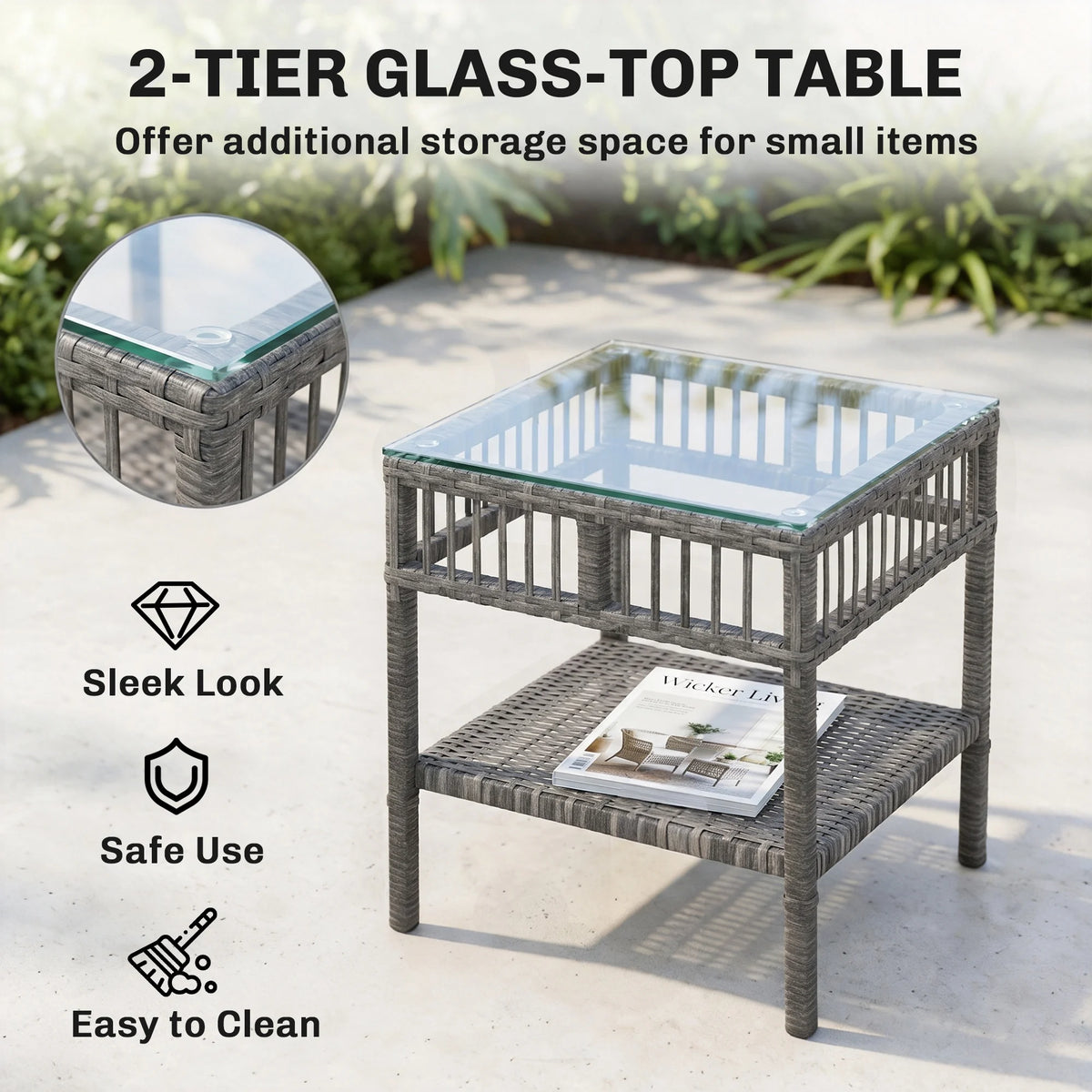 3 Pieces Pe Rattan Rocking Chair Set for Outdoor, Grey