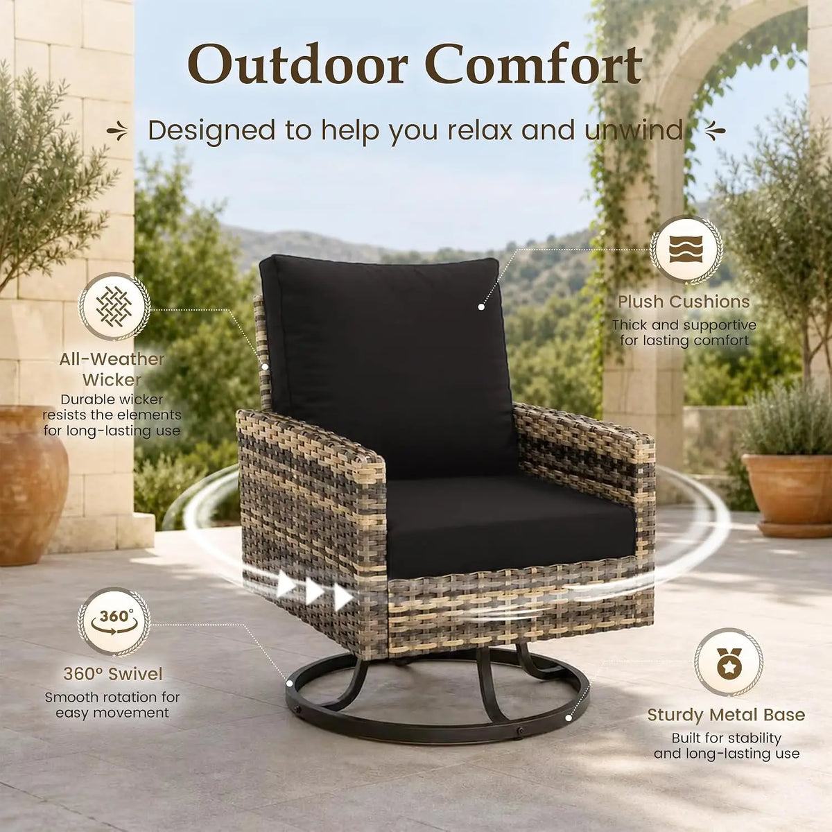 Outdoor Patio Furniture Set with Swivel Chairs 7 Pcs Black/Yellow | Outdoor Conversation Sets, Ottomans and Coffee, Customized