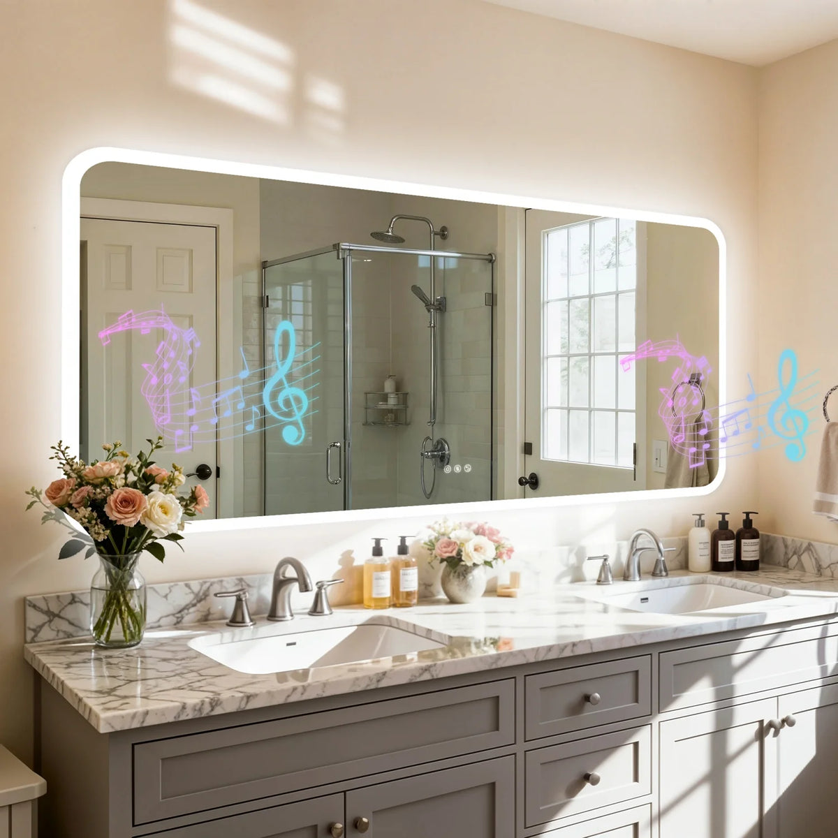 31/35/40/48/63'' Rectangle LED Bathroom Mirror Bluetooth Speaker Anti-Fog Backlight Vanity Mirror Waterproof Dimmable 3 Colors