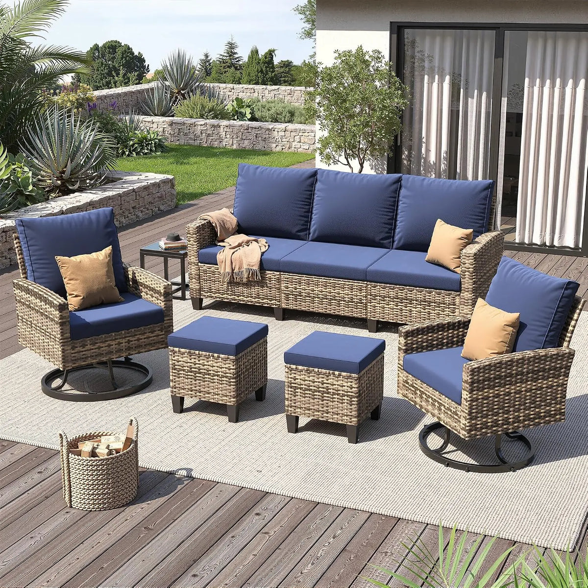 Outdoor Patio Furniture Set with Swivel Chairs 7 Pcs Black/Yellow | Outdoor Conversation Sets, Ottomans and Coffee, Customized