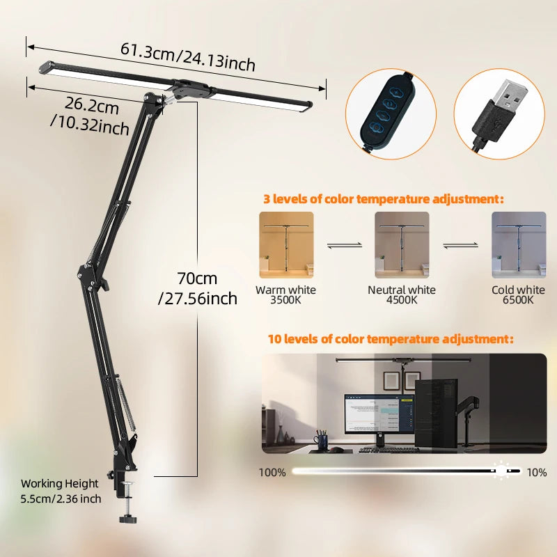 Double Head LED Desk Lamps Led Computer Monitor Light Stepless Dimmable USB Table Lamp for Office Study Reading Lighting Fixture
