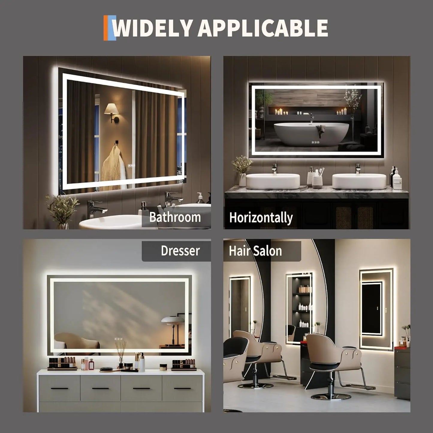 LED Bathroom Mirror with Memory, Stepless Dimmable/Anti-Fog/Shatter-Proof/Front&Backlit, Lighted Vanity Mirror, Wall Mount