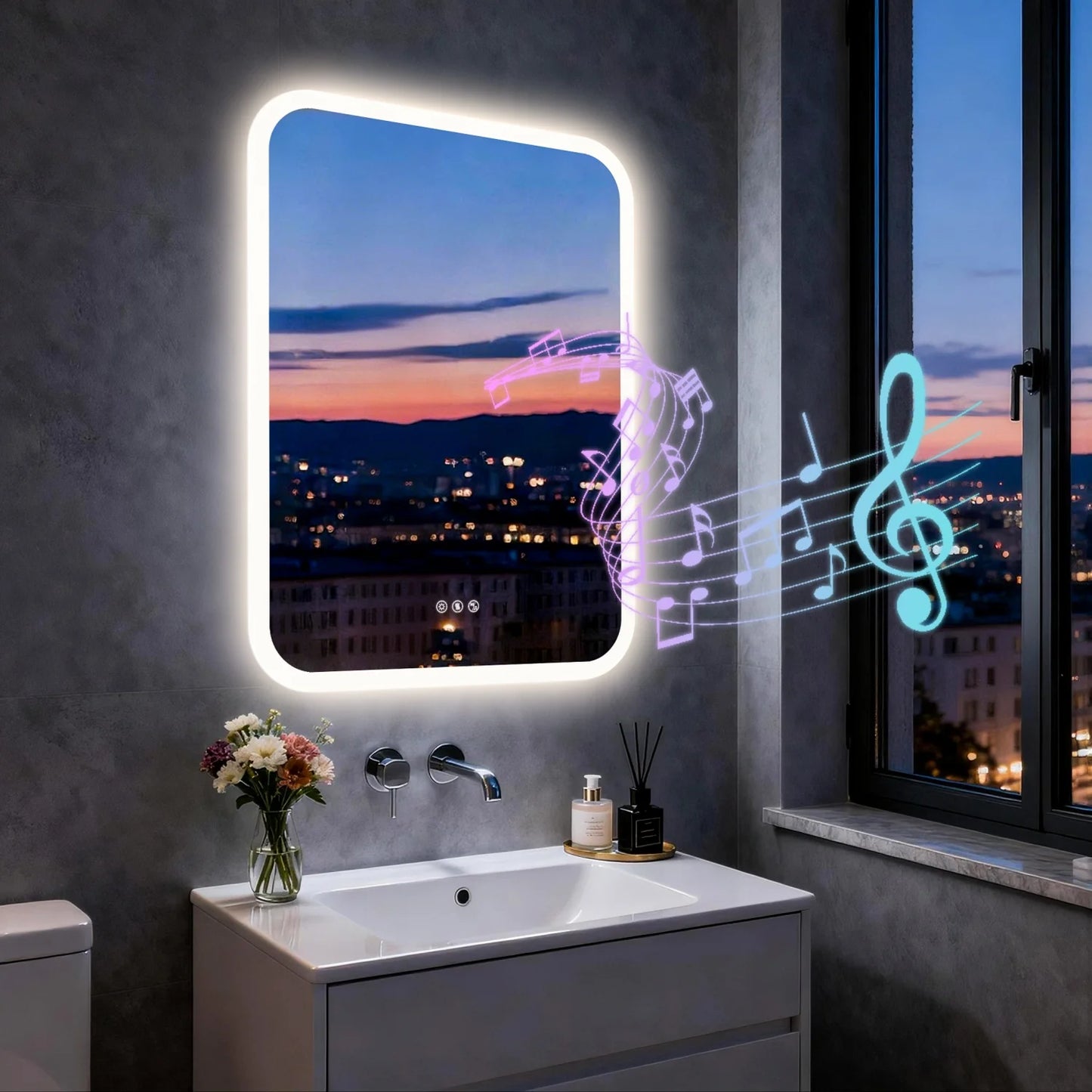 31/35/40/48/63'' Rectangle LED Bathroom Mirror Bluetooth Speaker Anti-Fog Backlight Vanity Mirror Waterproof Dimmable 3 Colors