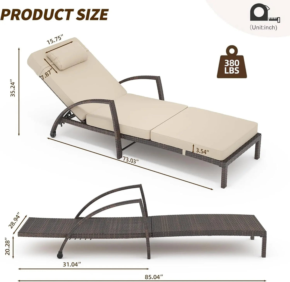 Outdoor PE Wicker Chaise Lounge Chair Set of 2, Patio 5-Position Adjustable Reclining Chairs with Wheels, Thick, Customized