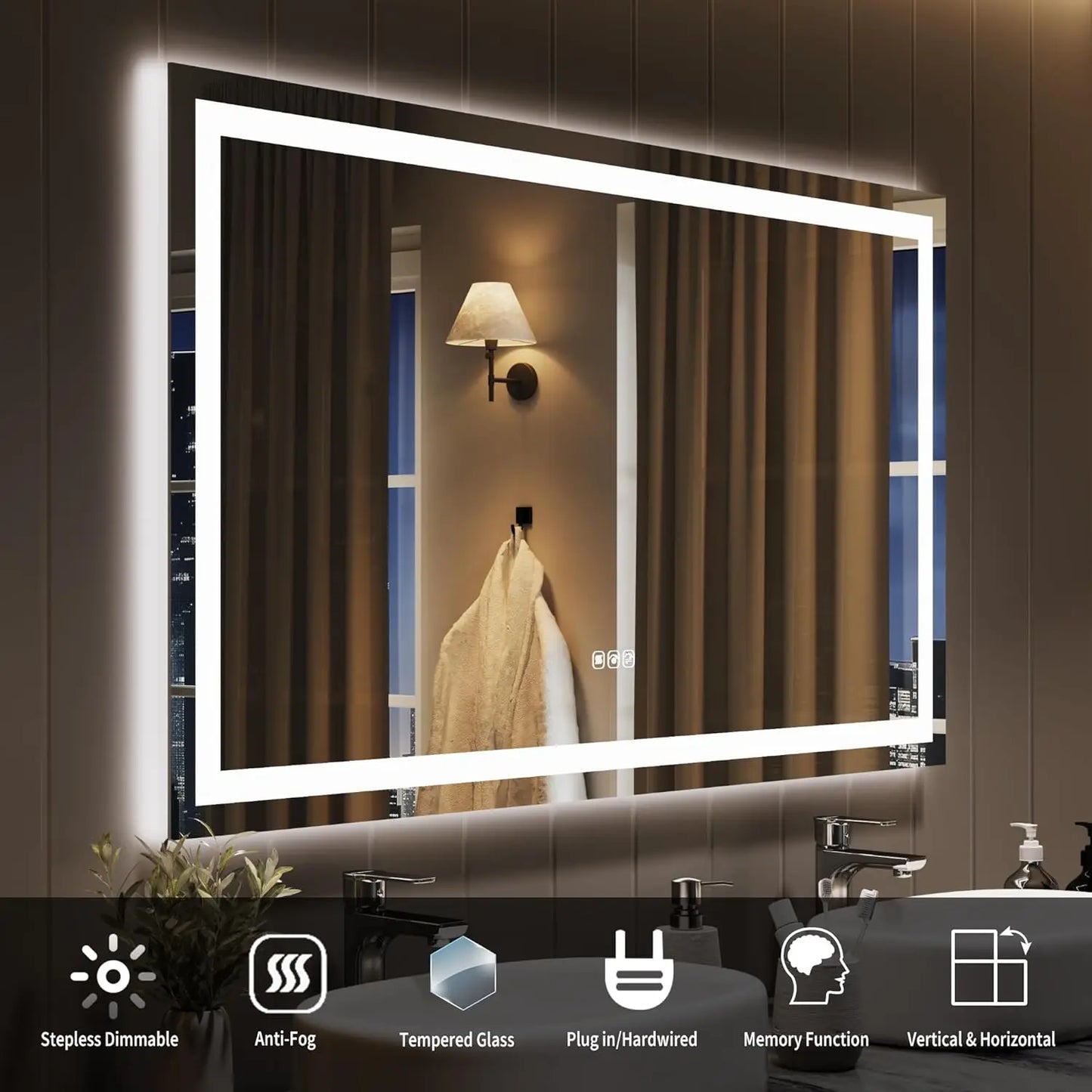 LED Bathroom Mirror with Memory, Stepless Dimmable/Anti-Fog/Shatter-Proof/Front&Backlit, Lighted Vanity Mirror, Wall Mount