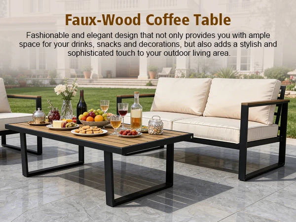 Cozy Backyard Outdoor Seating Group, Sturdy Metal Frame Patio Furniture With Plush Cushions, Loveseat, 2 Armchairs And Faux‑Wood Coffee Table, Customizable Layout Conversation Furniture, 4‑Pieces For Terrace, Yard, Garden