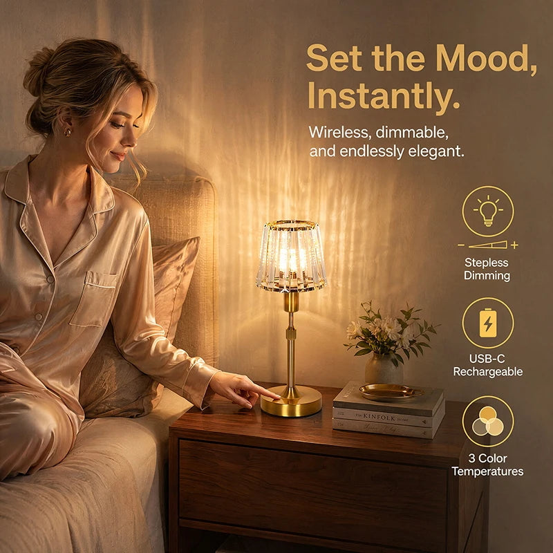 Adjustable Height Rechargeable Crystal Table Lamp 3 Color Touch USB Charge Iron Desk Lamp Night Light Bedroom Living Dining Lamp