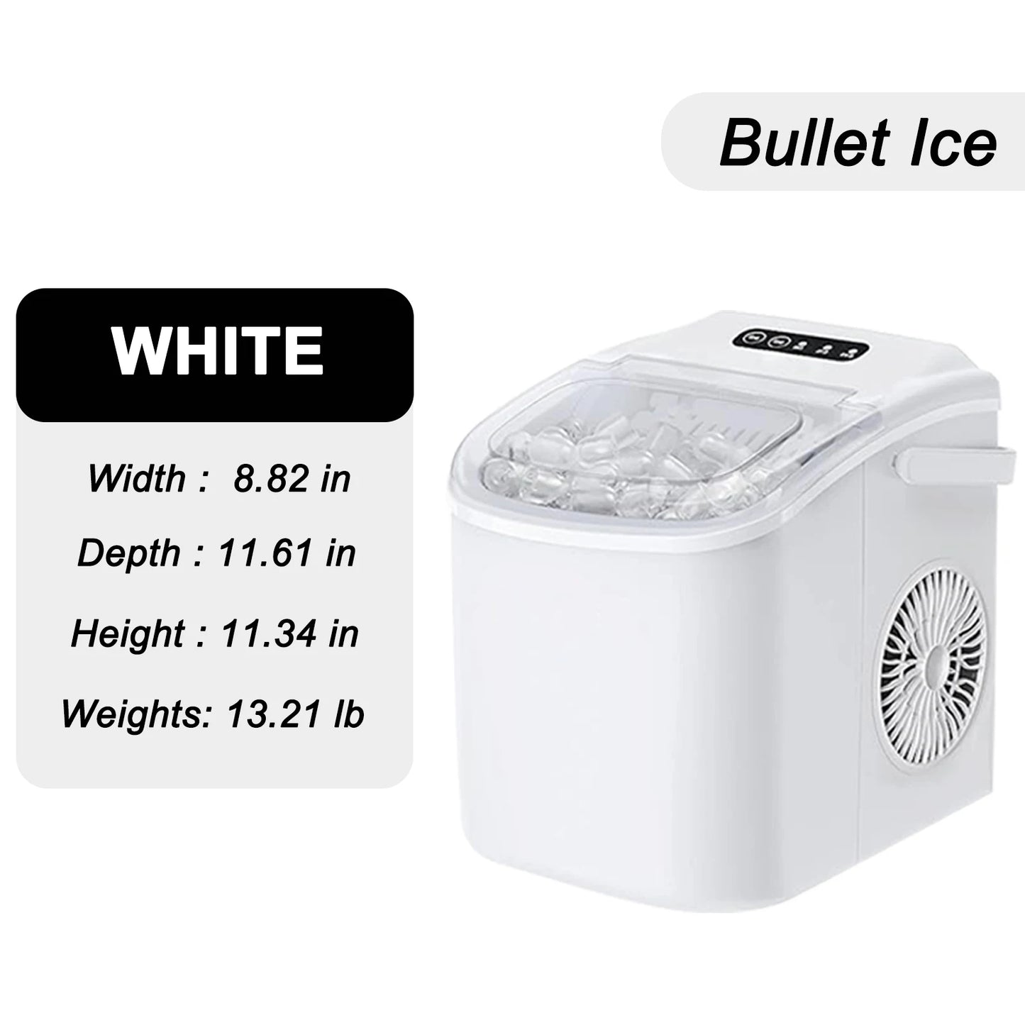 Portable ice maker that produces 9 ice cubes in 6 minutes. Daily ice production capacity: 35 pounds.WHITE