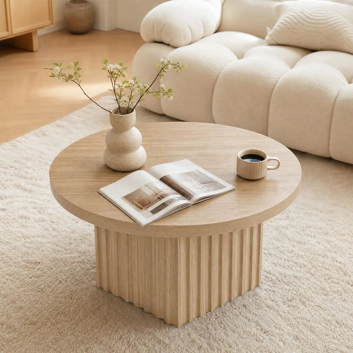 31.5 Inch Round Fluted Drum Coffee Table, Modern Wood Pedestal Table For Living Room, Apartment, Small Space, Farmhouse Boho