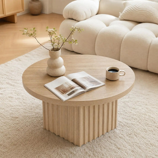 31.5 Inch Round Fluted Drum Coffee Table, Modern Wood Pedestal Table For Living Room, Apartment, Small Space, Farmhouse Boho