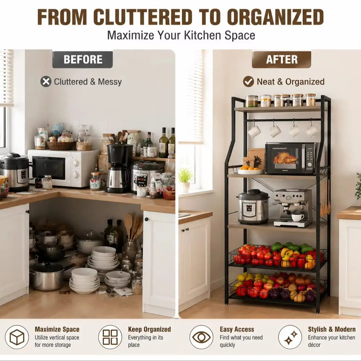 5 Tier Kitchen Bakers Rack with Microwave Stand Coffee Bar Station Freestanding Storage Shelf with Wire Baskets Hooks Industrial Style Organizer for Kitchen Apartment Pantry