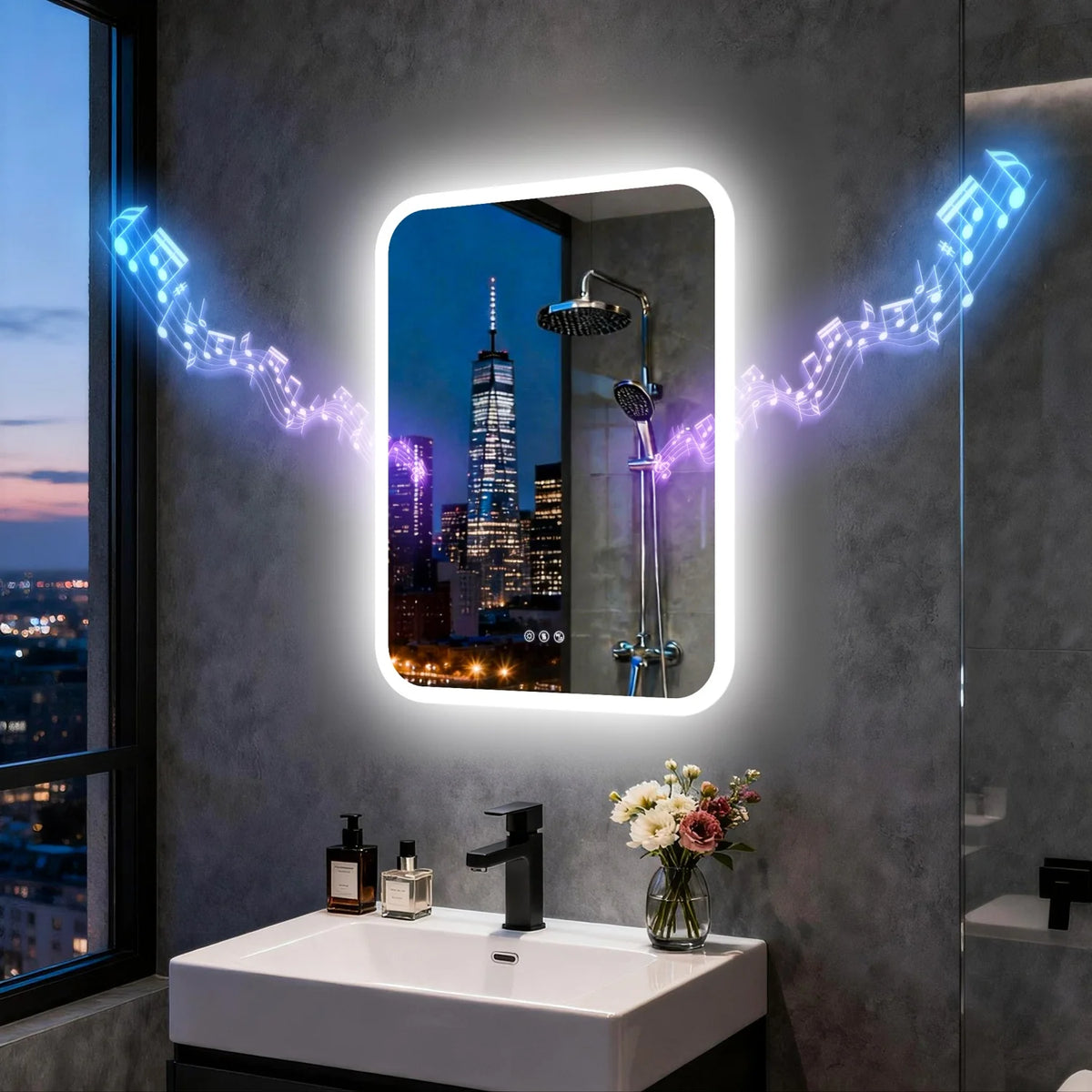 31/35/40/48/63'' Rectangle LED Bathroom Mirror Bluetooth Speaker Anti-Fog Backlight Vanity Mirror Waterproof Dimmable 3 Colors