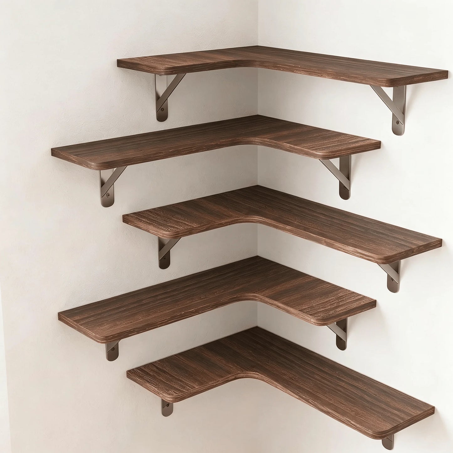 Corner Floating Shelves Set of 5, Rustic Wood Wall Shelves with Triangle Brackets, L-Shaped Corner Shelf for Bedroom Living Room Bathroom, Espresso Brown, 16.1 x 11.4 Inch