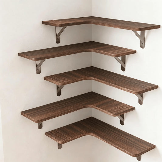Corner Floating Shelves Set of 5, Rustic Wood Wall Shelves with Triangle Brackets, L-Shaped Corner Shelf for Bedroom Living Room Bathroom, Espresso Brown, 16.1 x 11.4 Inch