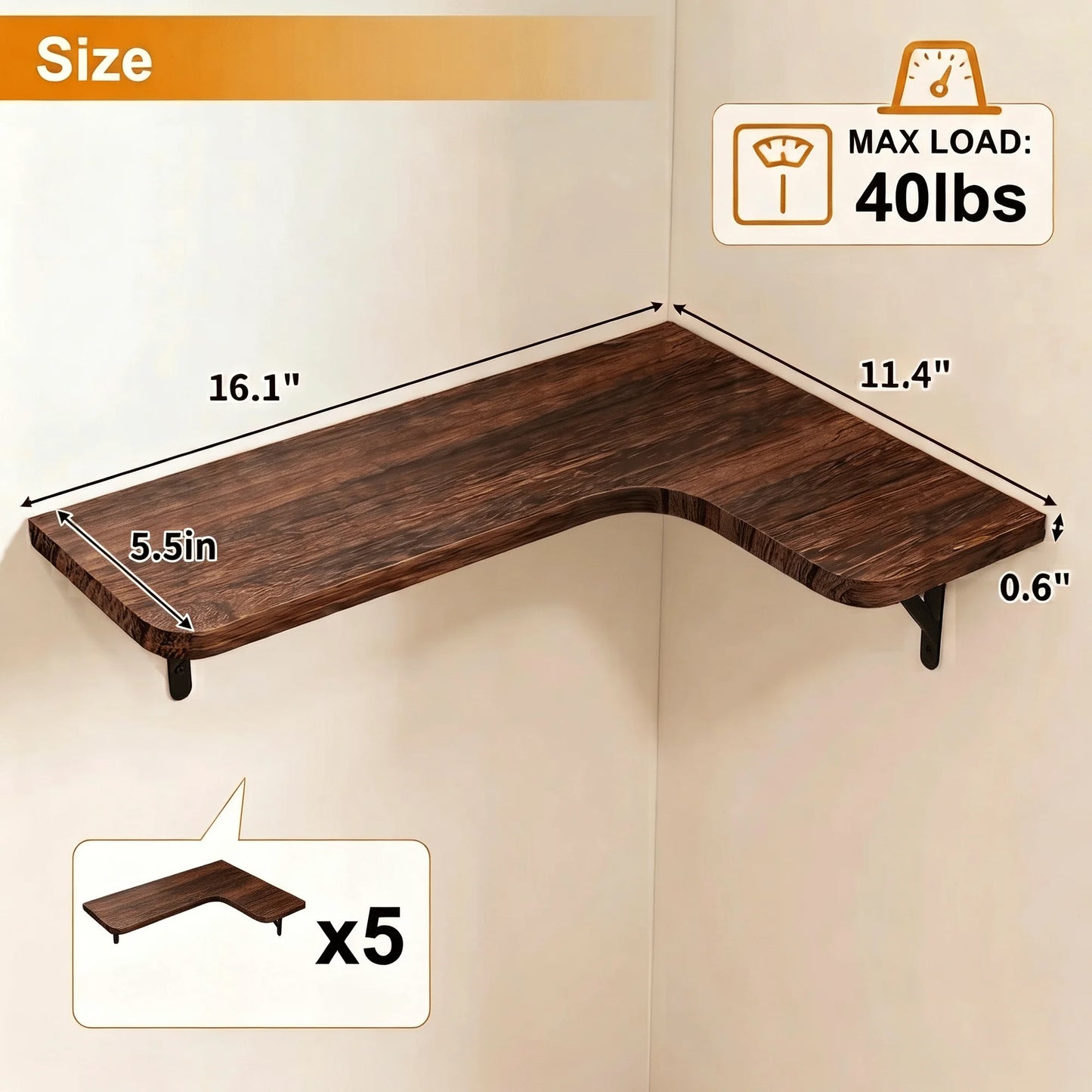 Corner Floating Shelves Set of 5, Rustic Wood Wall Shelves with Triangle Brackets, L-Shaped Corner Shelf for Bedroom Living Room Bathroom, Espresso Brown, 16.1 x 11.4 Inch