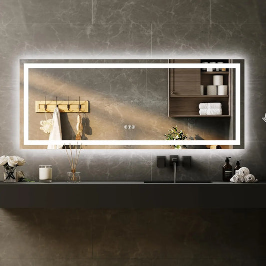LED Bathroom Mirror with Memory, Stepless Dimmable/Anti-Fog/Shatter-Proof/Front&Backlit, Lighted Vanity Mirror, Wall Mount