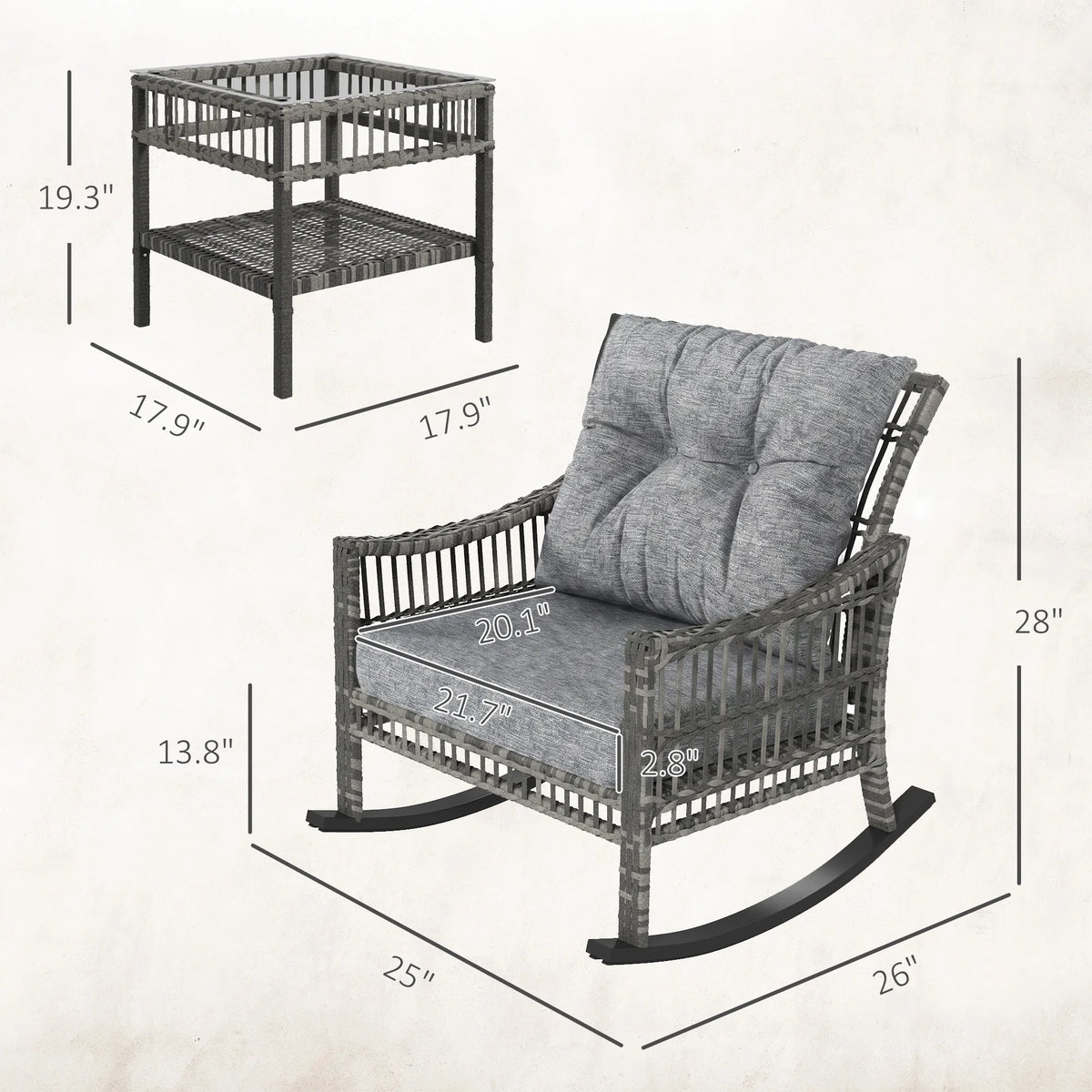3 Pieces Pe Rattan Rocking Chair Set for Outdoor, Grey