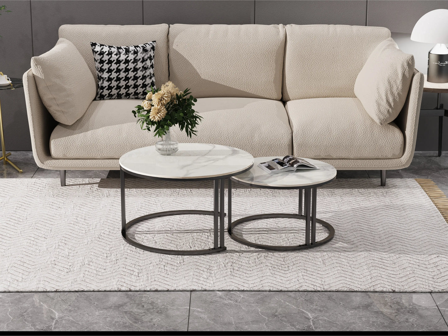 Circle Nesting Coffee Table Set of 2, Modern Chic Round Nested Center Coffee Table with Sinter Stone-top Stacked Sofa Side Table