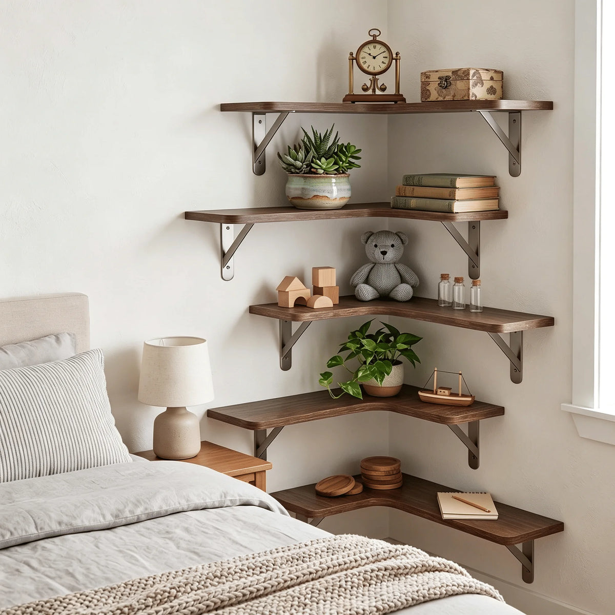 Corner Floating Shelves Set of 5, Rustic Wood Wall Shelves with Triangle Brackets, L-Shaped Corner Shelf for Bedroom Living Room Bathroom, Espresso Brown, 16.1 x 11.4 Inch