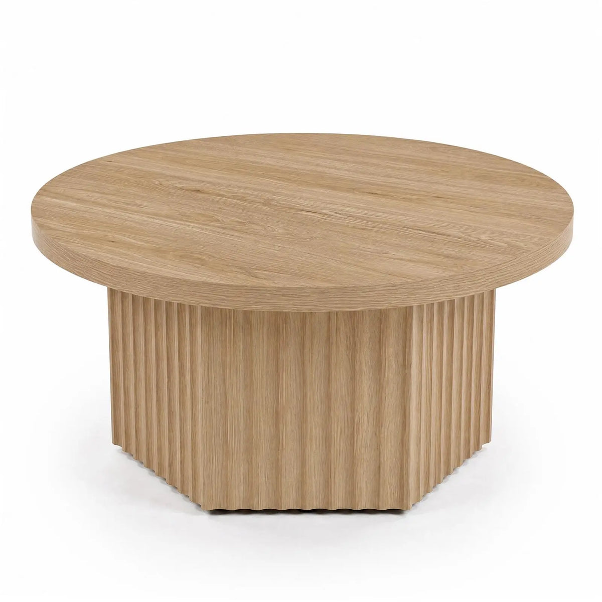 31.5 Inch Round Fluted Drum Coffee Table, Modern Wood Pedestal Table For Living Room, Apartment, Small Space, Farmhouse Boho