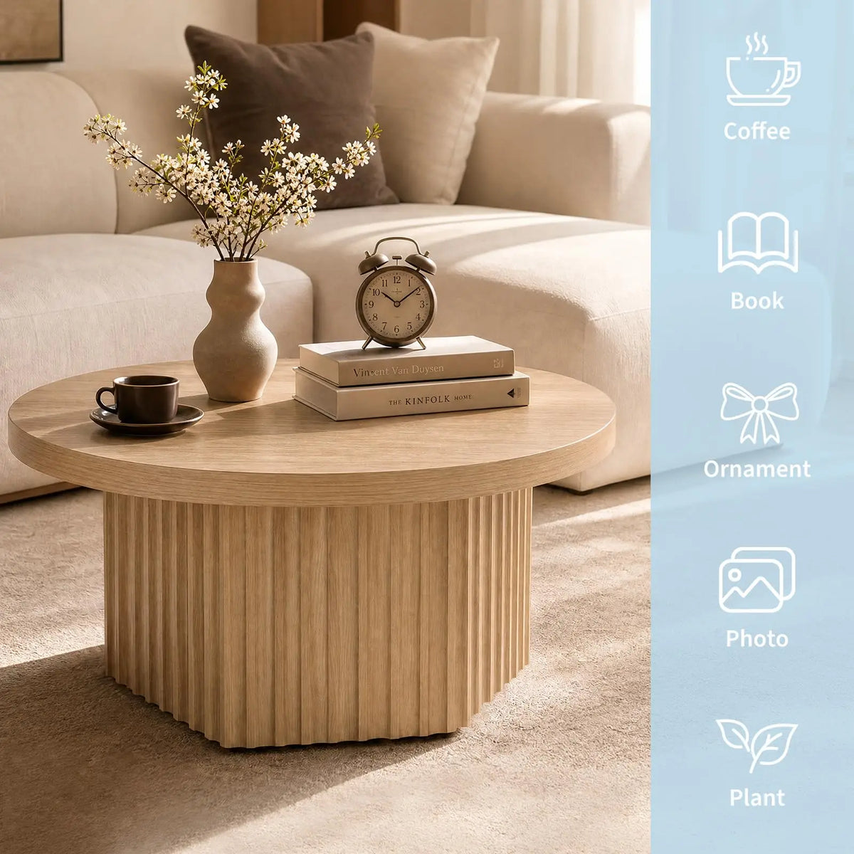 31.5 Inch Round Fluted Drum Coffee Table, Modern Wood Pedestal Table For Living Room, Apartment, Small Space, Farmhouse Boho