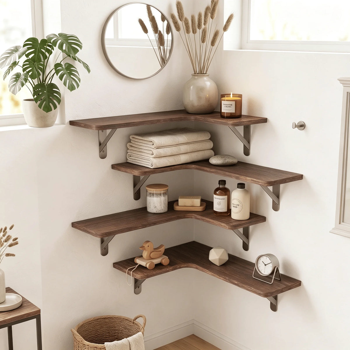 Corner Floating Shelves Set of 5, Rustic Wood Wall Shelves with Triangle Brackets, L-Shaped Corner Shelf for Bedroom Living Room Bathroom, Espresso Brown, 16.1 x 11.4 Inch
