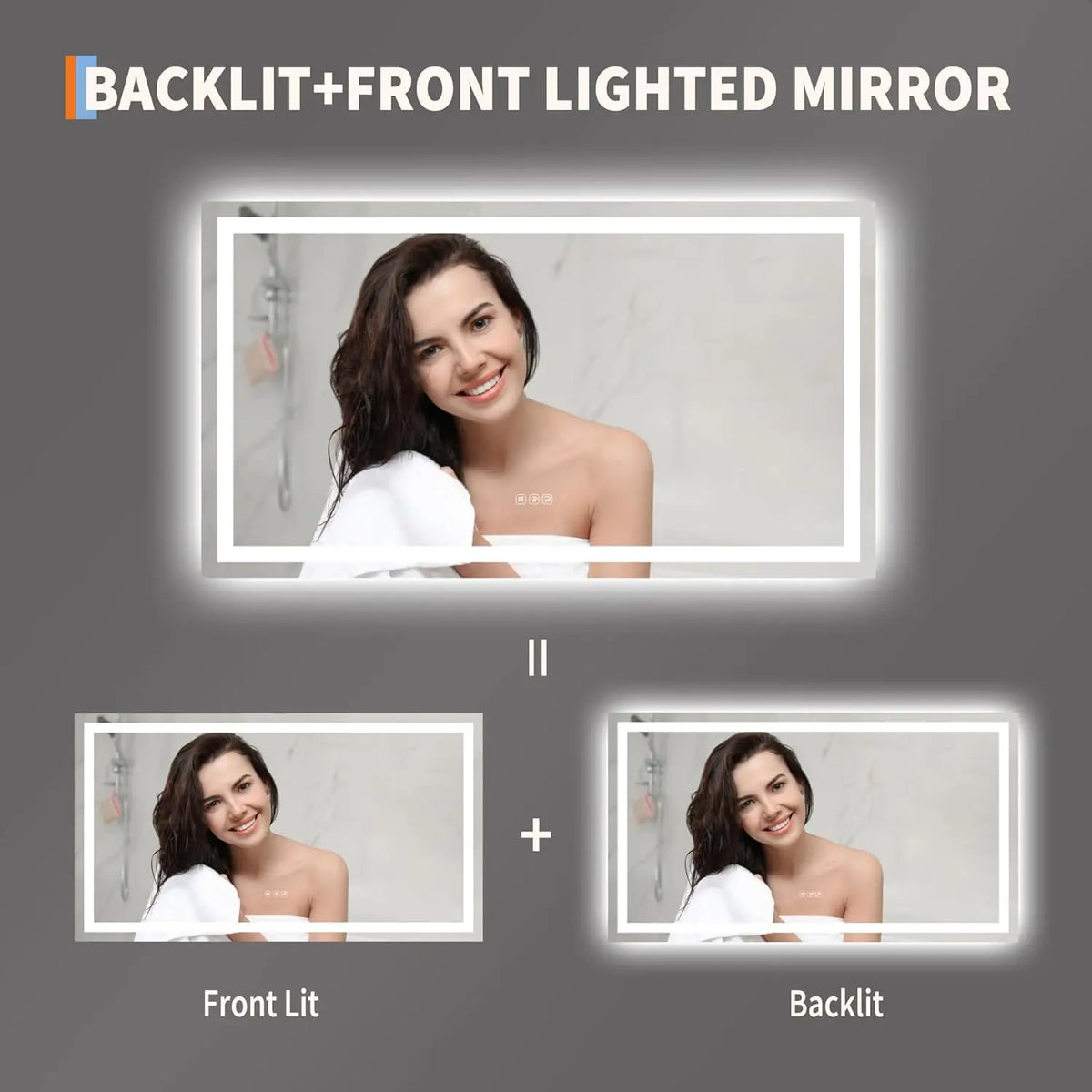 LED Bathroom Mirror with Memory, Stepless Dimmable/Anti-Fog/Shatter-Proof/Front&Backlit, Lighted Vanity Mirror, Wall Mount