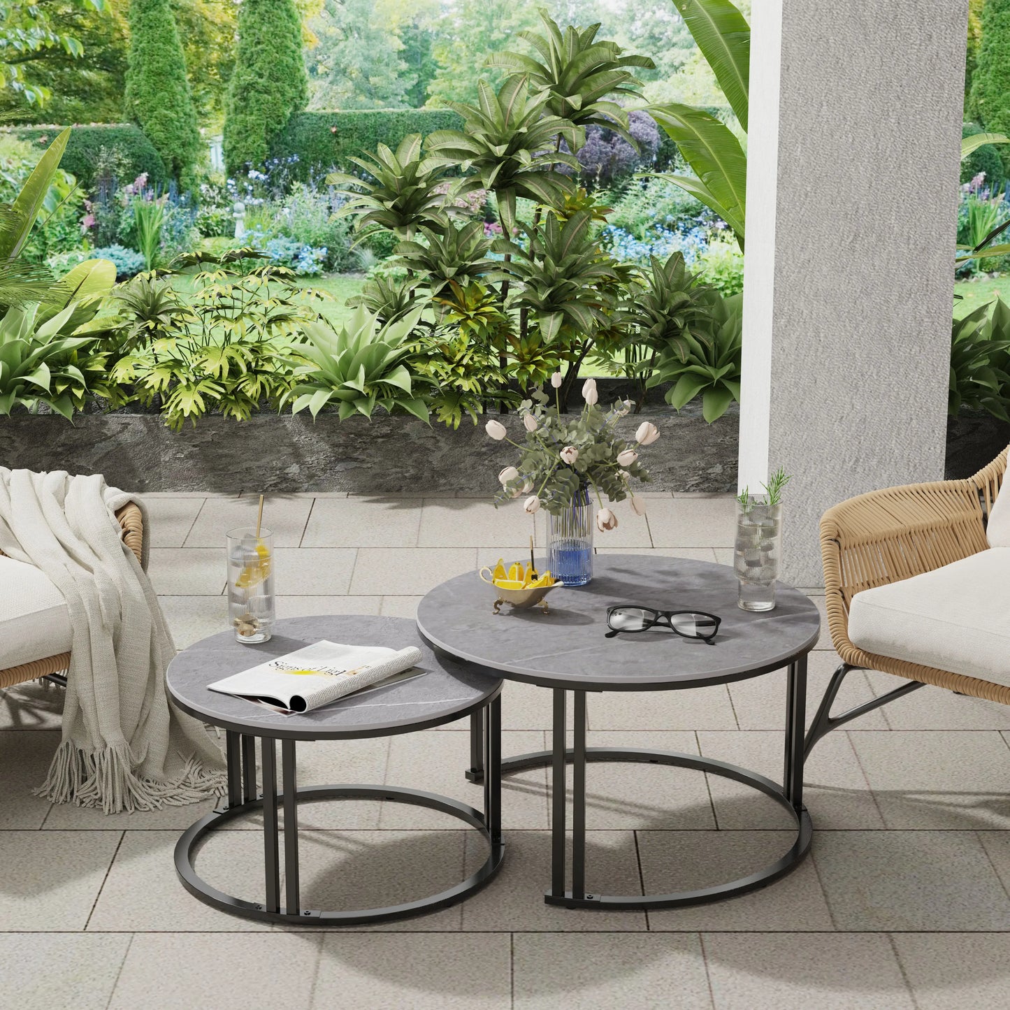 Circle Nesting Coffee Table Set of 2, Modern Chic Round Nested Center Coffee Table with Sinter Stone-top Stacked Sofa Side Table