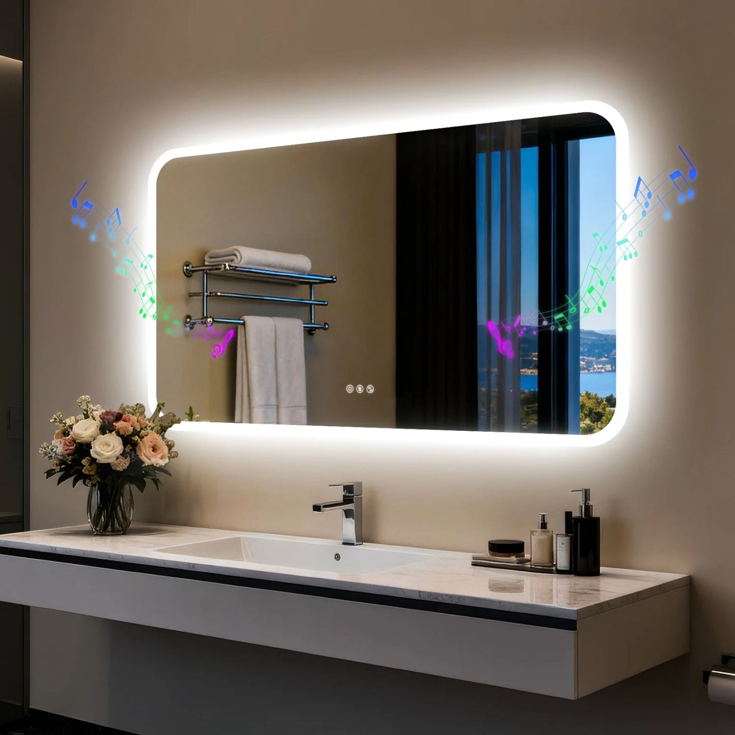 31/35/40/48/63'' Rectangle LED Bathroom Mirror Bluetooth Speaker Anti-Fog Backlight Vanity Mirror Waterproof Dimmable 3 Colors