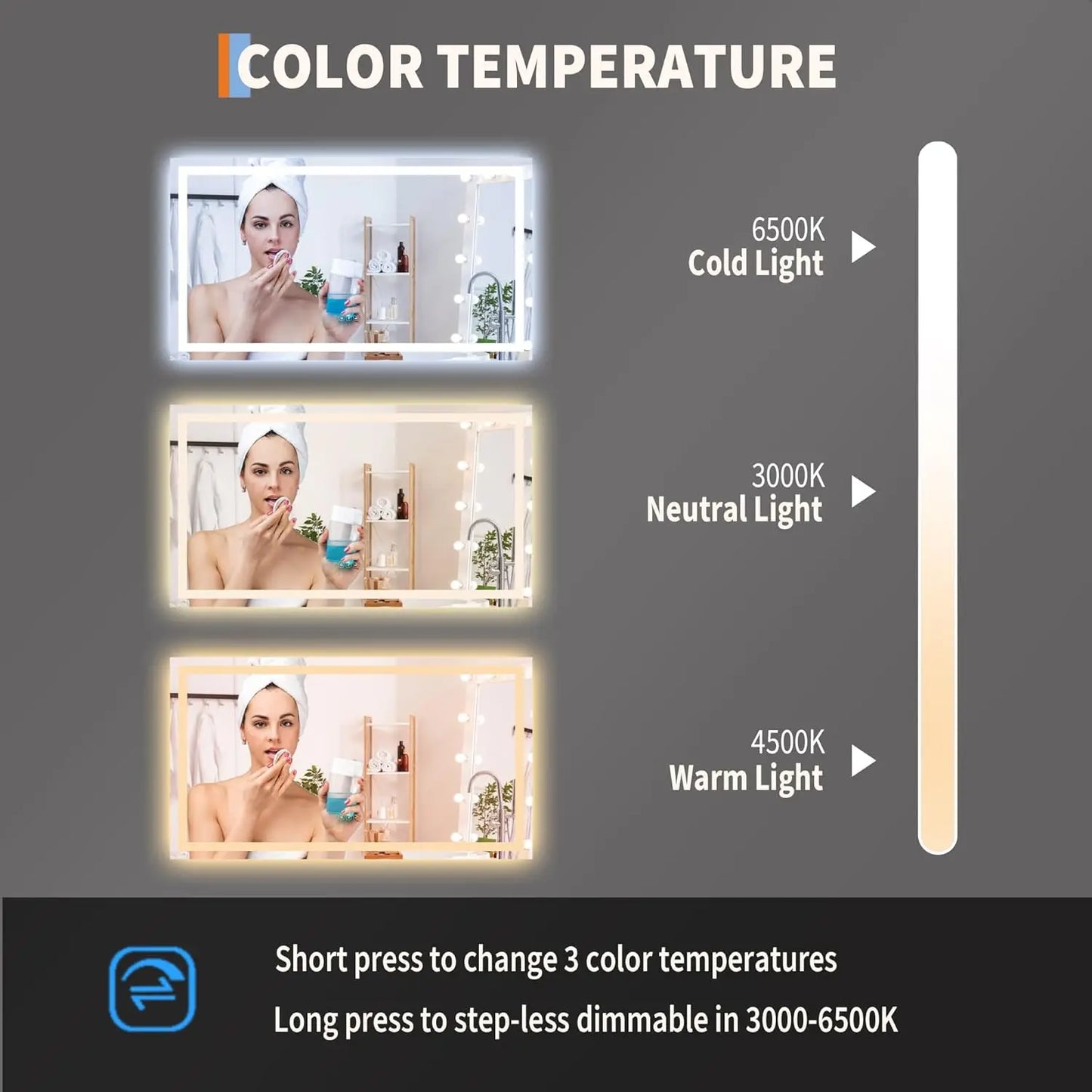 LED Bathroom Mirror with Memory, Stepless Dimmable/Anti-Fog/Shatter-Proof/Front&Backlit, Lighted Vanity Mirror, Wall Mount