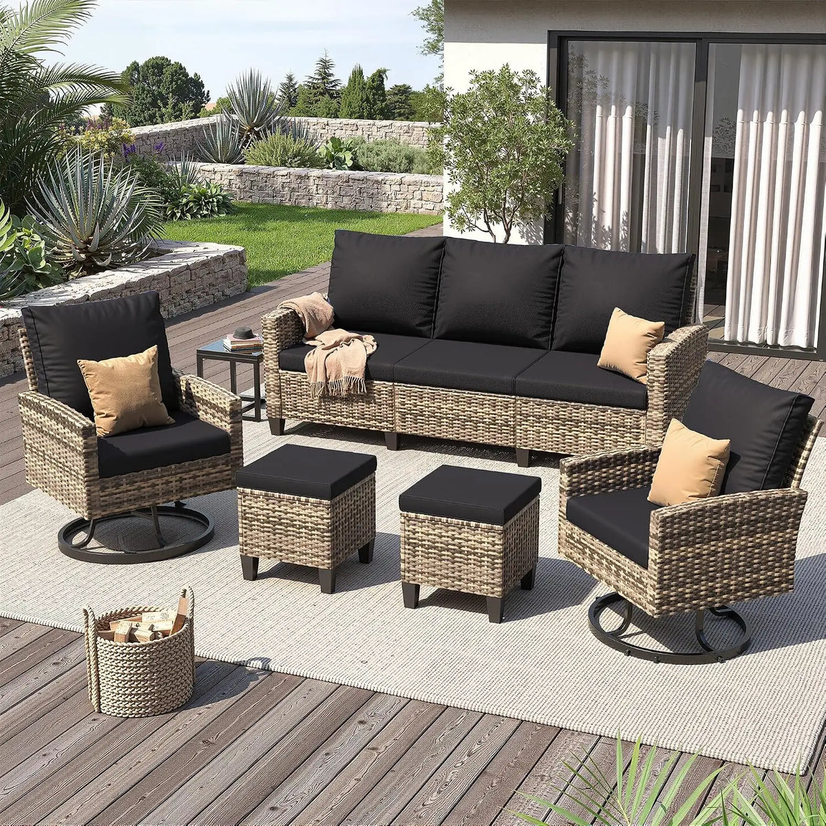 Outdoor Patio Furniture Set with Swivel Chairs 7 Pcs Black/Yellow | Outdoor Conversation Sets, Ottomans and Coffee, Customized