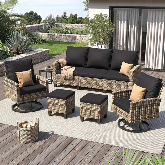 Outdoor Patio Furniture Set with Swivel Chairs 7 Pcs Black/Yellow | Outdoor Conversation Sets, Ottomans and Coffee, Customized