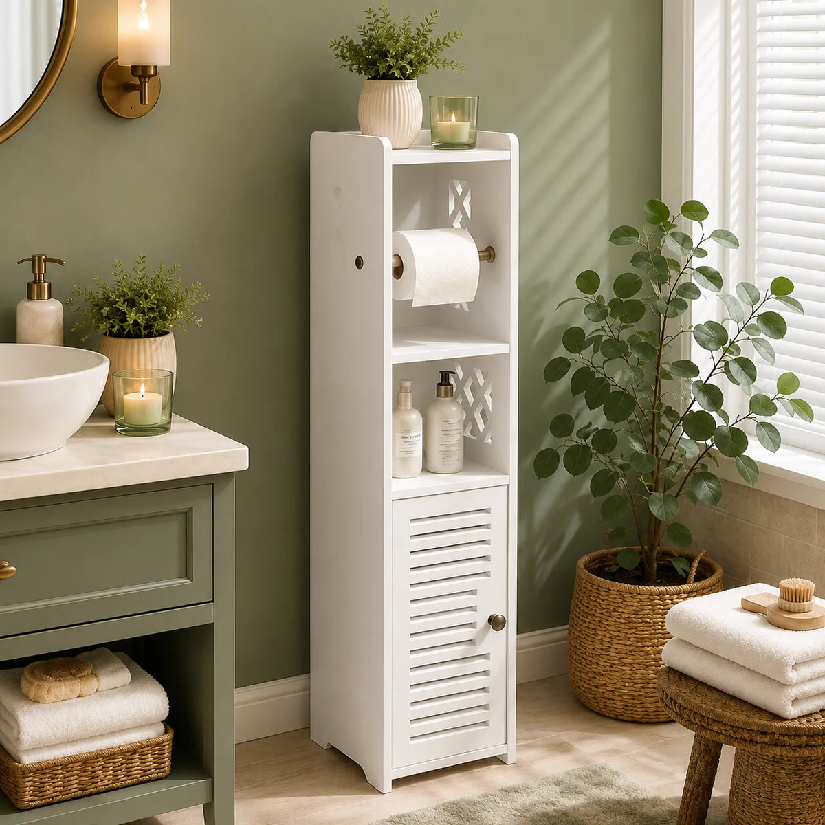 Slim Bathroom Storage Cabinet with Toilet Paper Holder, Narrow PVC Floor Storage Organizer with Shelves and Door, Space-Saving Freestanding Toilet Paper Storage Rack for Small Bathrooms