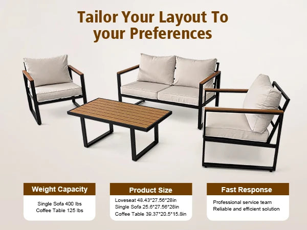 Cozy Backyard Outdoor Seating Group, Sturdy Metal Frame Patio Furniture With Plush Cushions, Loveseat, 2 Armchairs And Faux‑Wood Coffee Table, Customizable Layout Conversation Furniture, 4‑Pieces For Terrace, Yard, Garden