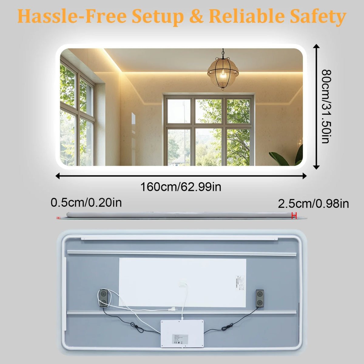 31/35/40/48/63'' Rectangle LED Bathroom Mirror Bluetooth Speaker Anti-Fog Backlight Vanity Mirror Waterproof Dimmable 3 Colors