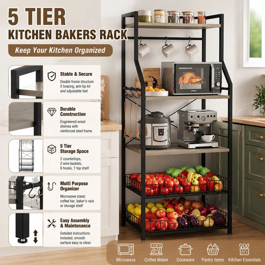 5 Tier Kitchen Bakers Rack with Microwave Stand Coffee Bar Station Freestanding Storage Shelf with Wire Baskets Hooks Industrial Style Organizer for Kitchen Apartment Pantry